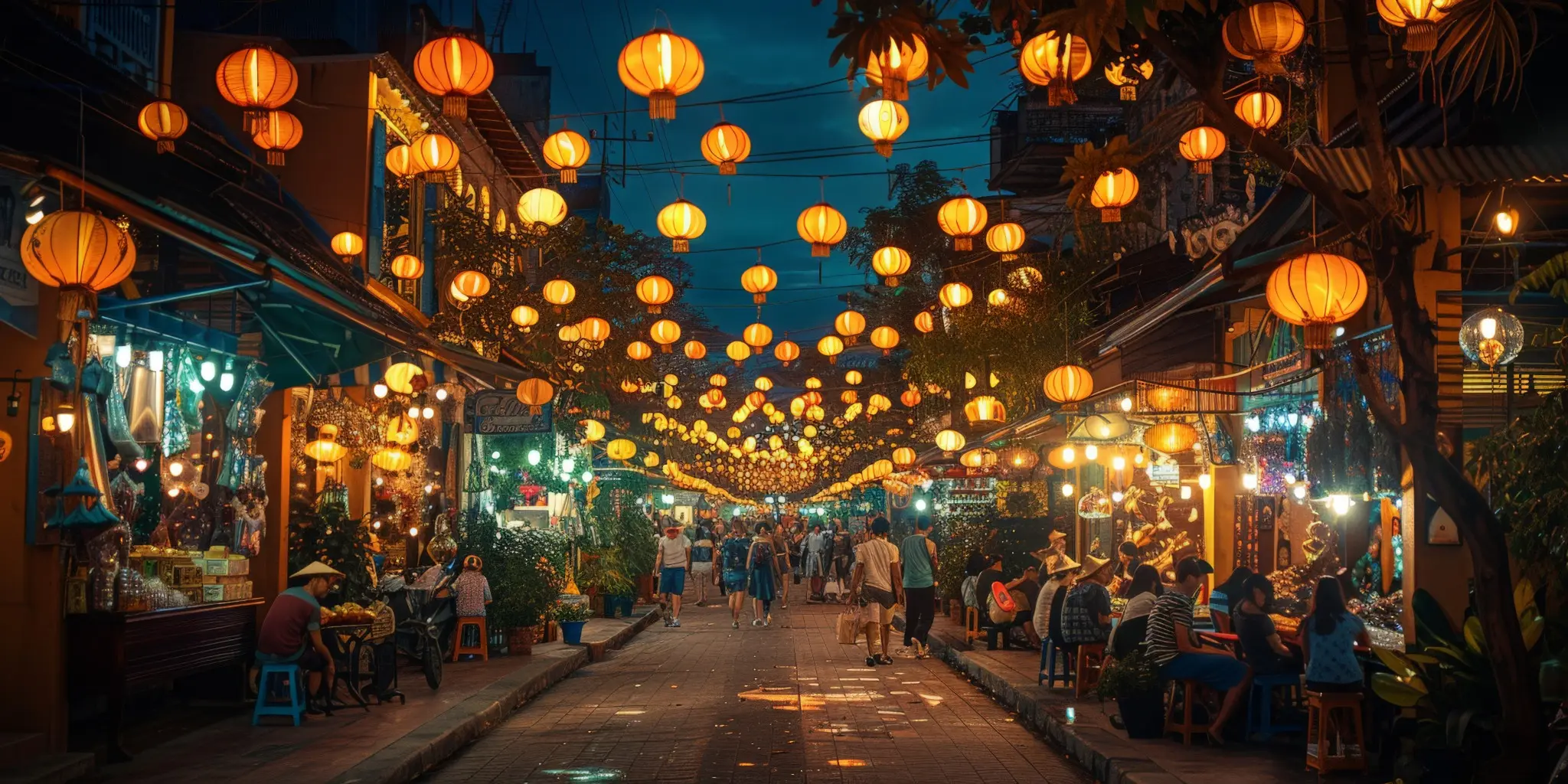 Lanterns over a street in Hoi An Ancient Town at night