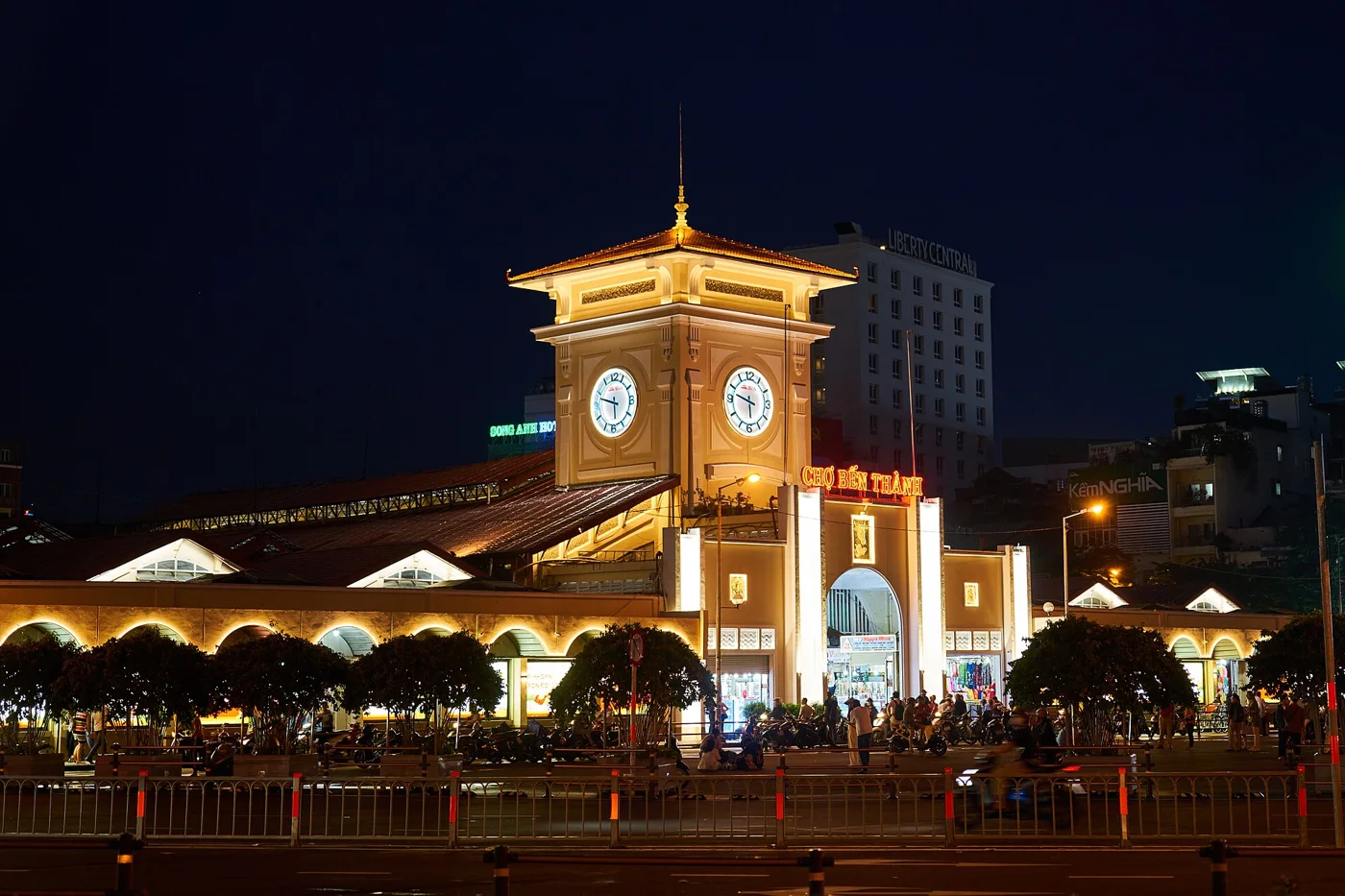 Ben Thanh Market clock tower lit up at night, Ho Chi Minh City