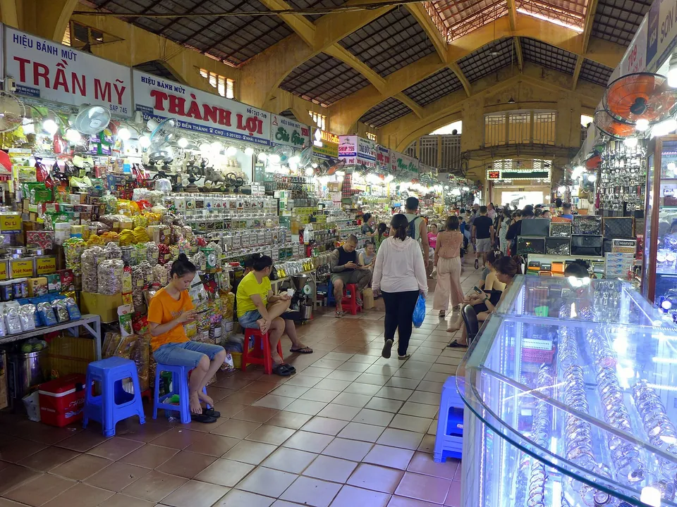 Food and goods stalls inside Ben Thanh Market, Ho Chi Minh City