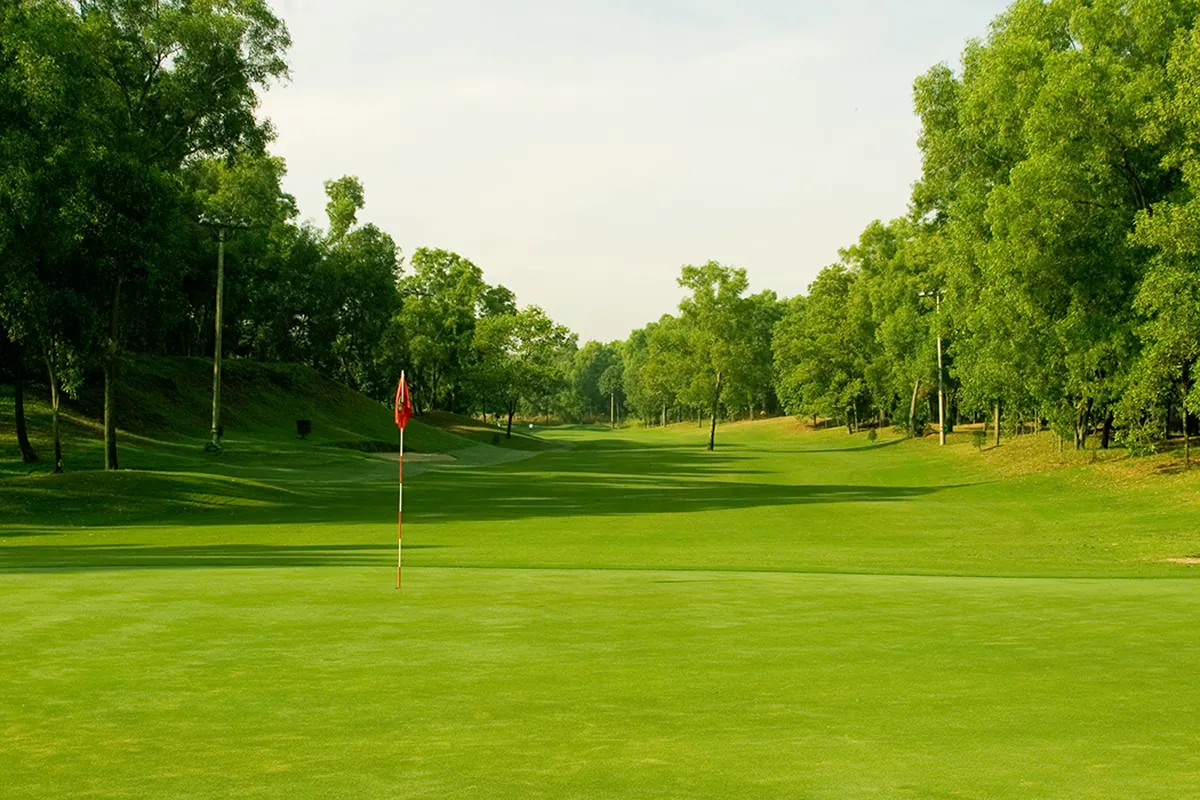 Tree-lined fairway and flag at Vietnam Golf & Country Club