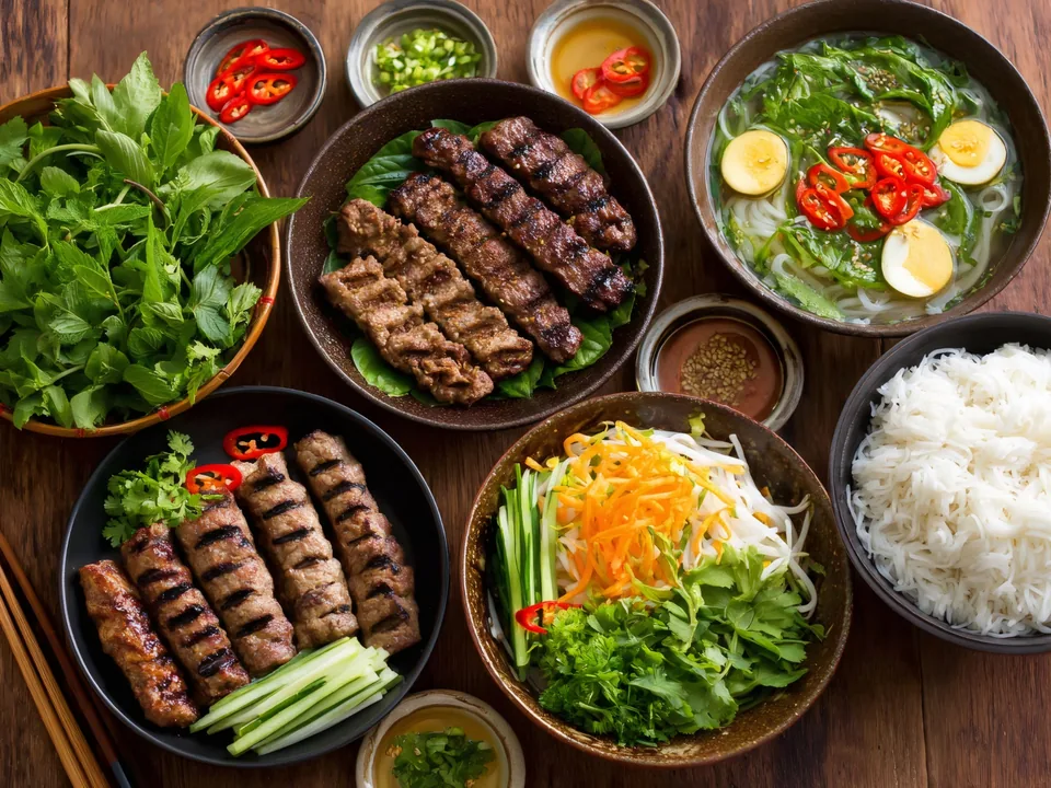 Bún chả with grilled pork, rice noodles and fresh herbs in Hanoi