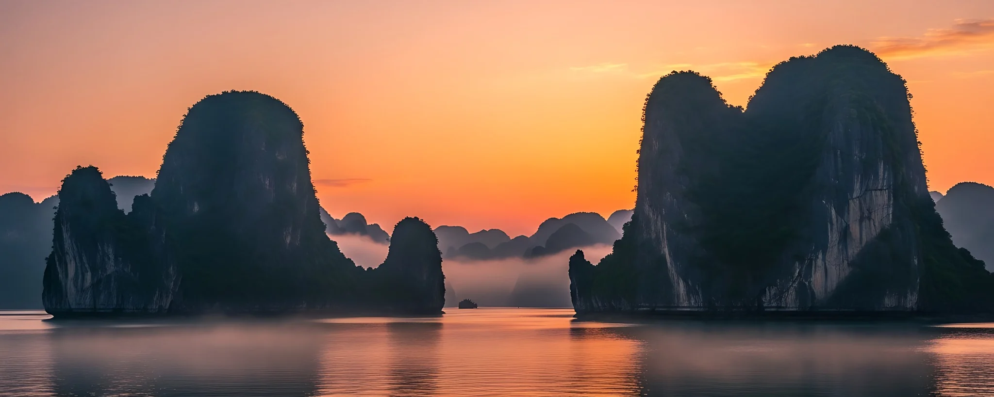 Limestone islands silhouetted against a golden sky in Ha Long Bay, Vietnam