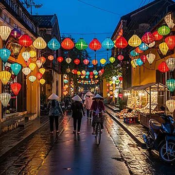 Lantern-lit Hoi An street at night, as seen on an evening food tour