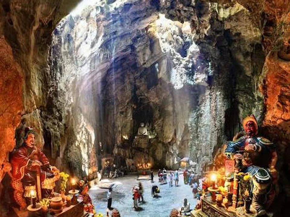 Sunlight entering a cave sanctuary inside the Marble Mountains in Da Nang