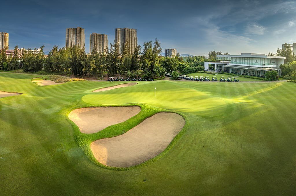 Fairway and clubhouse at Montgomerie Links Vietnam on Da Nang's central coast