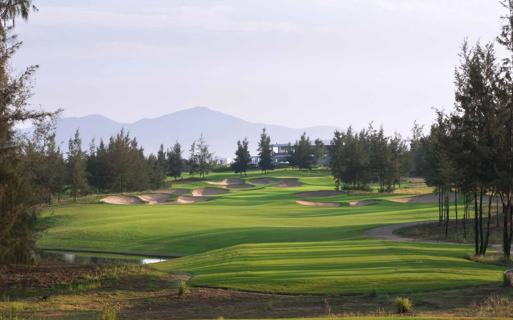 Hole 12 at Montgomerie Links Vietnam, with bunkers, casuarina pines and the mountains behind