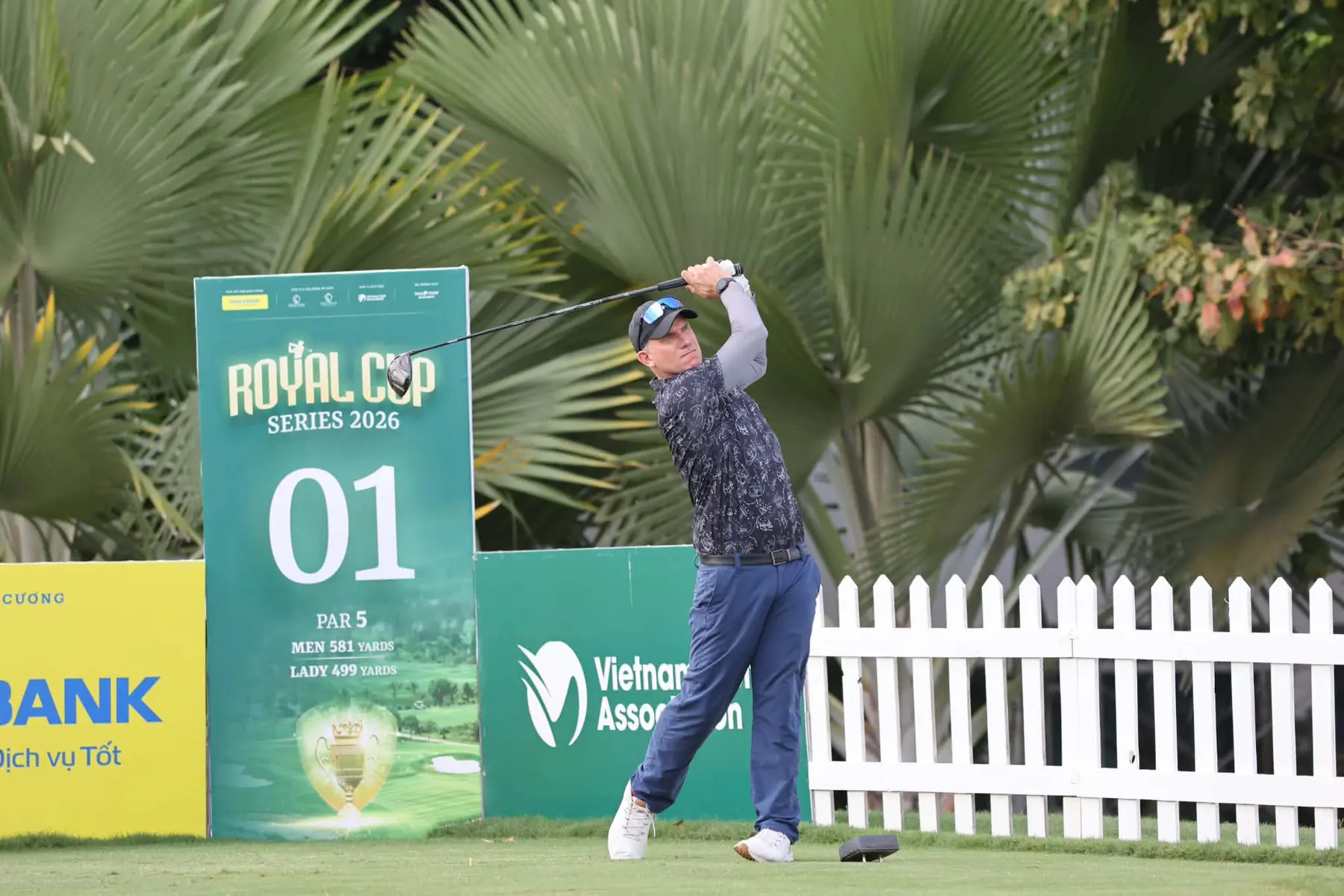 Jerram Chudleigh teeing off in a professional golf event in Vietnam