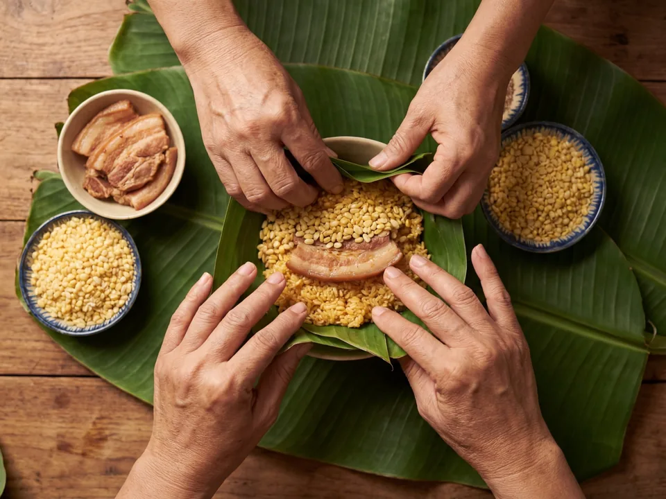 Hands preparing a traditional Vietnamese dish on banana leaves during a cooking class