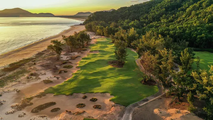 Sunrise aerial view across Laguna Golf Lăng Cô and the Central Vietnam coast