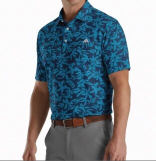 Teal floral custom golf polo, tournament apparel sample