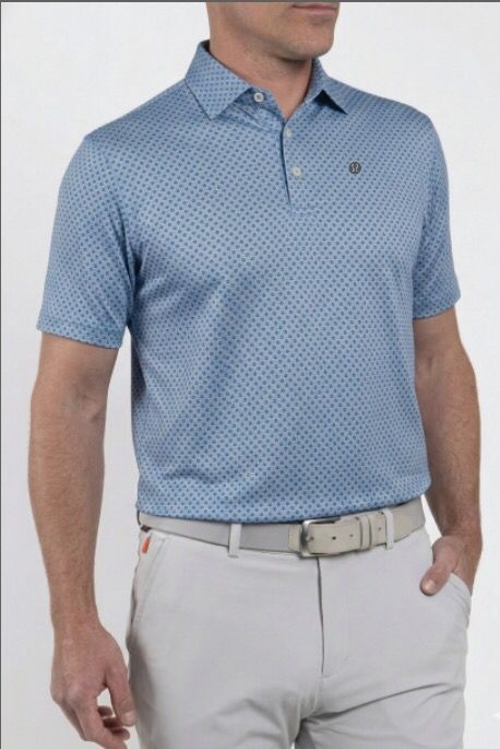 Custom print golf polo on model, tournament uniform sample