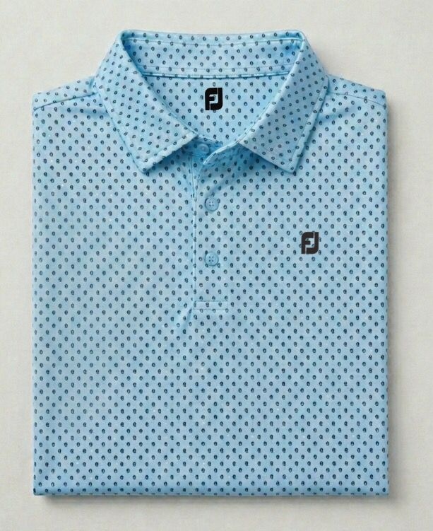 Custom blue print men's golf polo, corporate golf apparel sample