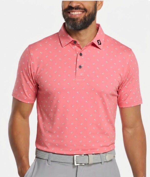 Custom pink golf polo on model, golf club uniform sample