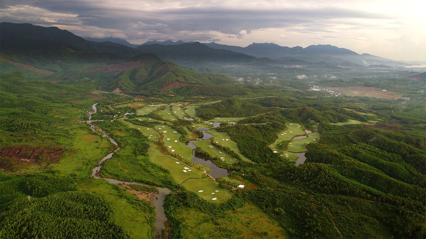 Aerial view of Ba Na Hills Golf Club in the mountains above Da Nang, Vietnam