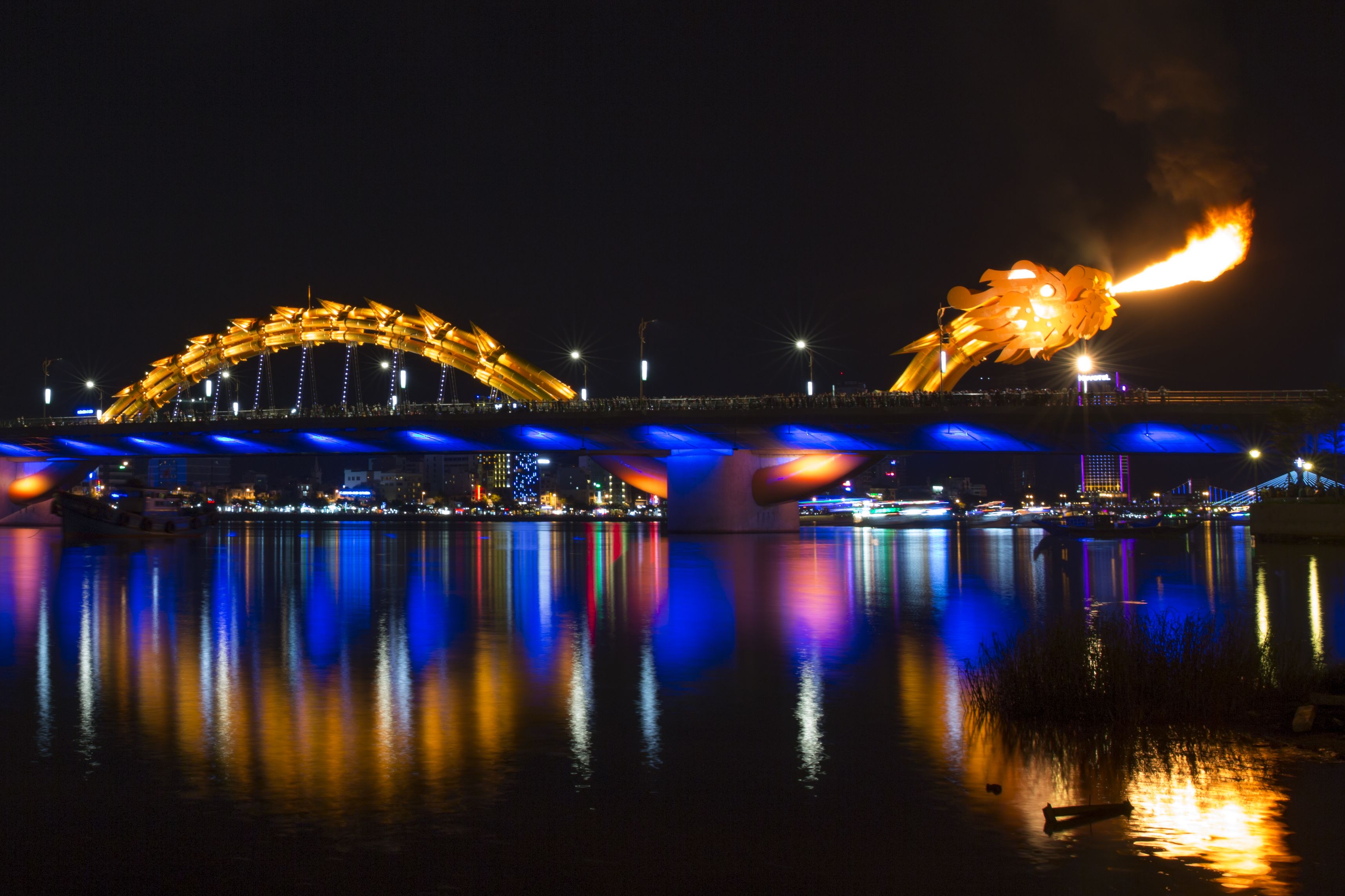 Dragon Bridge Da Nang breathing fire at night