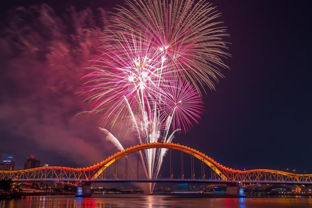 Dragon Bridge Da Nang at night with fireworks