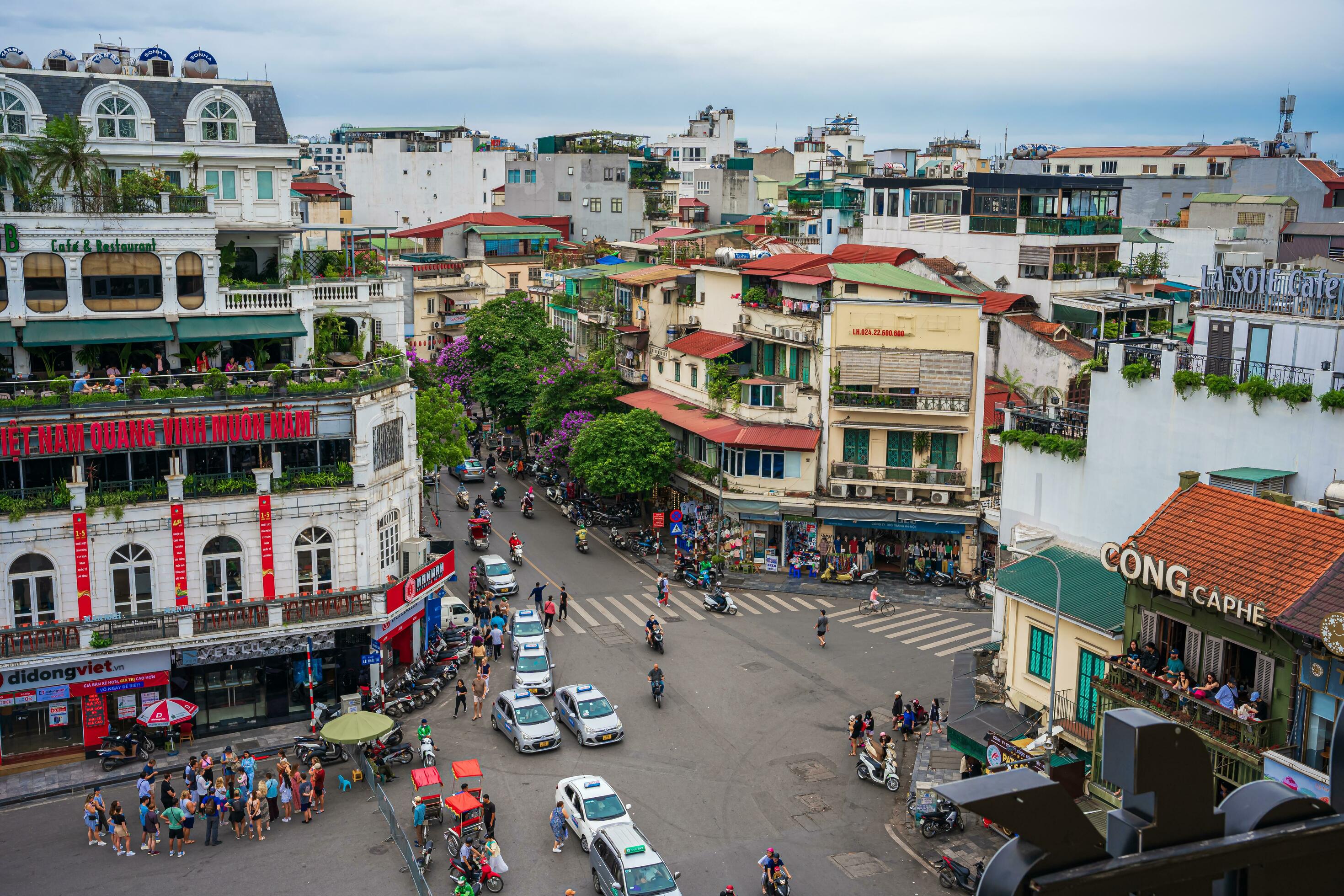 Hanoi Hoan Kiem Lake aerial, foggy morning, Vietnam