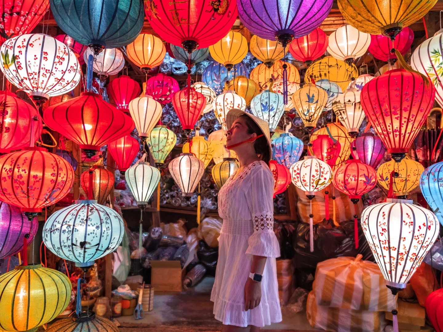 Colourful silk lanterns illuminating the streets of Hoi An Ancient Town at night